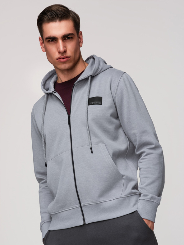 Ombre Clothing Moška majica na zadrgo s kapuco in našitkom - siva V1 OM-SSZP-0256 Ombre Clothing