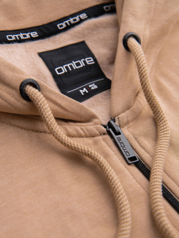 Ombre Clothing Moška majica na zadrgo s kapuco in našitkom - pesek V2 OM-SSZP-0256 Ombre Clothing