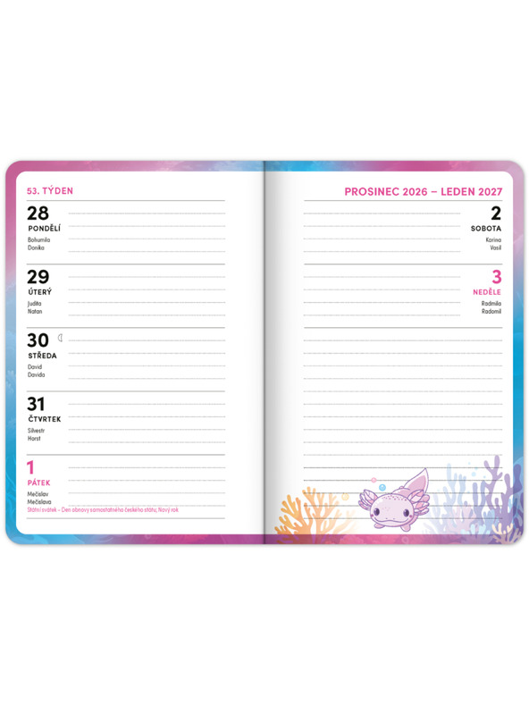 NOTIQUE NOTIQUE Šolski dnevnik Axolotl (september 2026 – december 2027), 9,8 x 14,5 cm