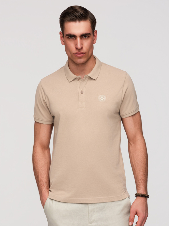 Ombre Clothing Moški bombažni polo BASIC - bela/bela/svetlo rjava V6 OM-POBS-0171 Ombre Clothing
