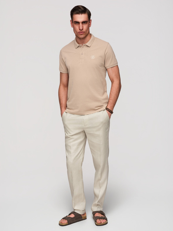 Ombre Clothing Moški bombažni polo BASIC - bela/bela/svetlo rjava V6 OM-POBS-0171 Ombre Clothing