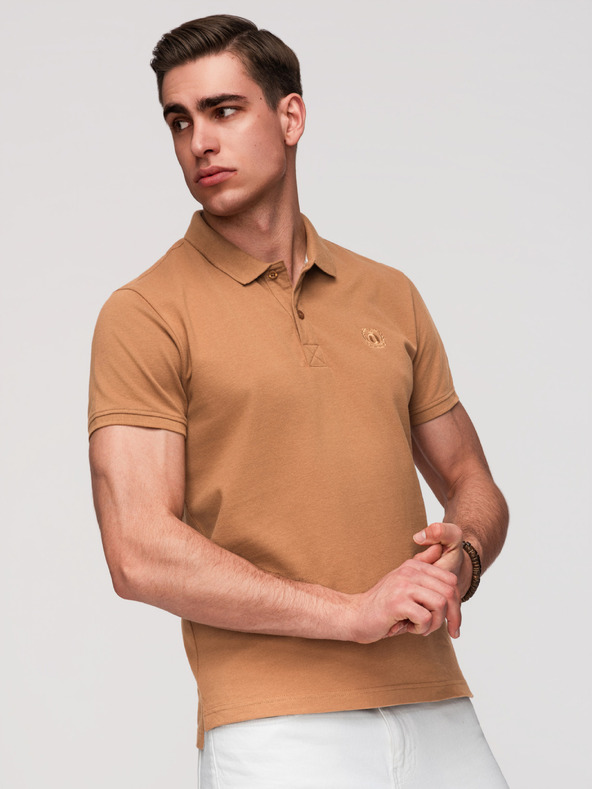 Ombre Clothing Moški bombažni polo BASIC - bela/bela/svetlo rjava V6 OM-POBS-0171 Ombre Clothing