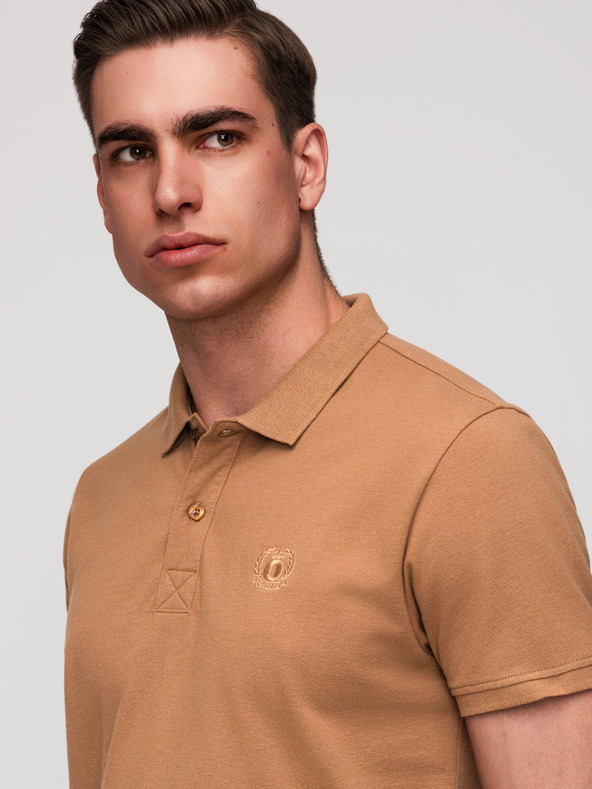 Ombre Clothing Moški bombažni polo BASIC - bela/bela/svetlo rjava V6 OM-POBS-0171 Ombre Clothing