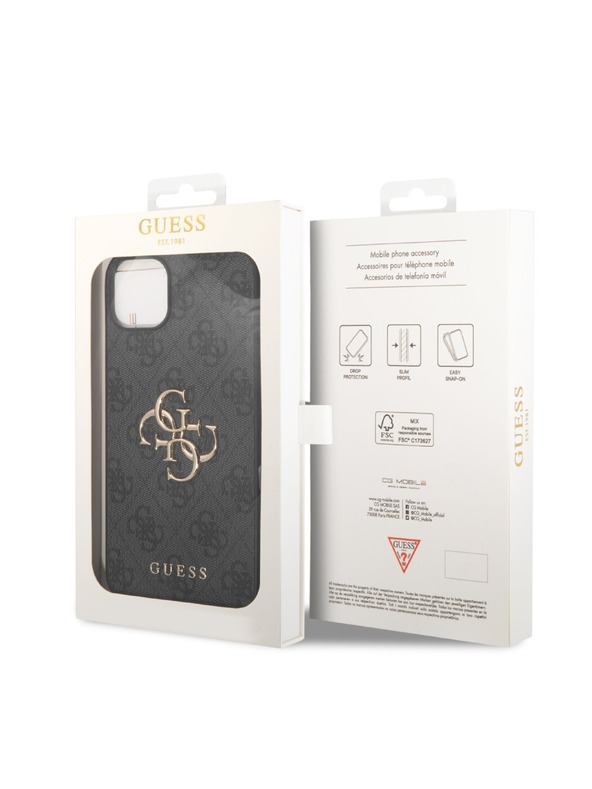Guess Guess PU 4G kovinski zadnji ovitek z logotipom za iPhone 15 siv