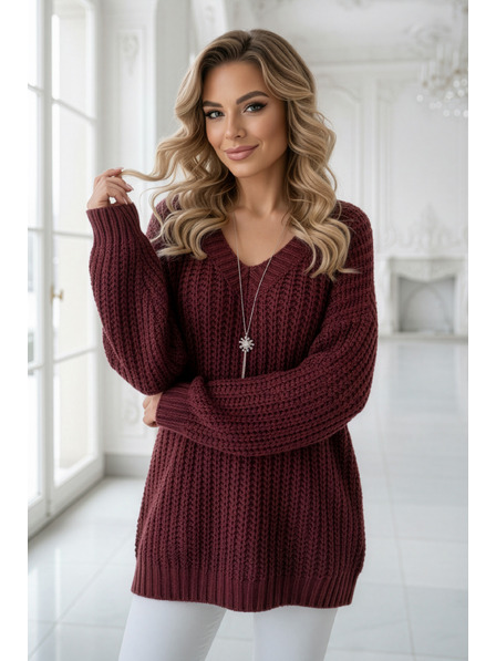 numoco basic Topla oversized pulover z gostim blaga in V izrezom - vinsko rdeča