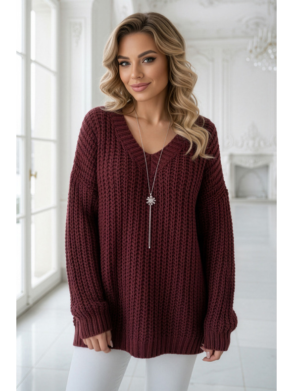 numoco basic Topla oversized pulover z gostim blaga in V izrezom - vinsko rdeča