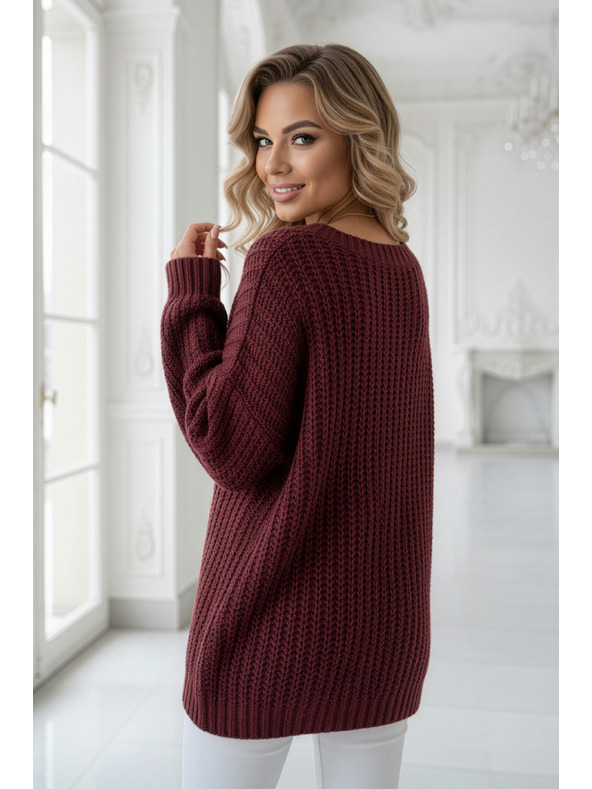 numoco basic Topla oversized pulover z gostim blaga in V izrezom - vinsko rdeča