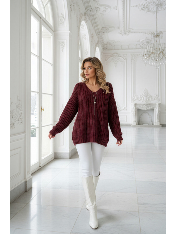 numoco basic Topla oversized pulover z gostim blaga in V izrezom - vinsko rdeča