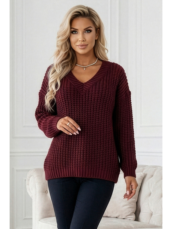 numoco basic Topla oversized pulover z gostim blaga in V izrezom - vinsko rdeča