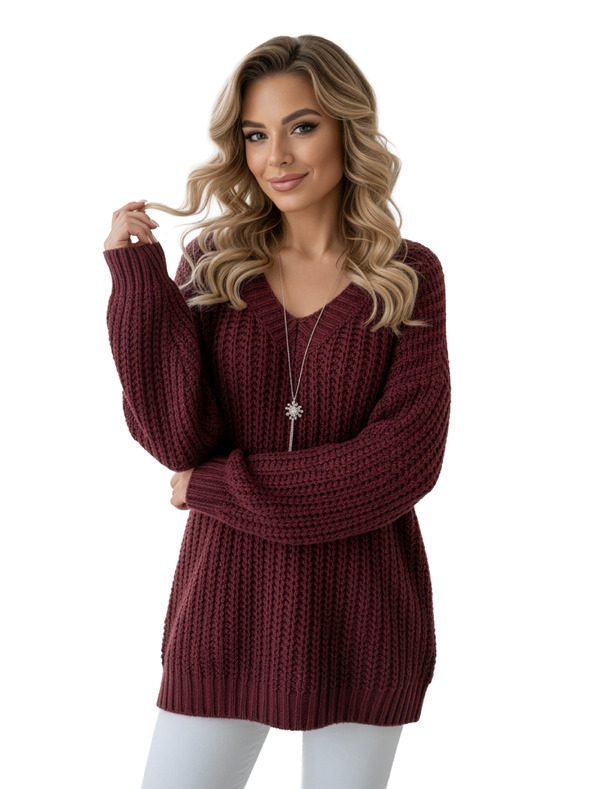 numoco basic Topla oversized pulover z gostim blaga in V izrezom - vinsko rdeča