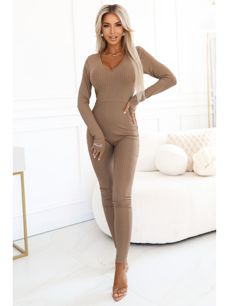 Kocula Udobna in elegantna rebrasta ženski kombinezoni z izrezom - mocha mousse