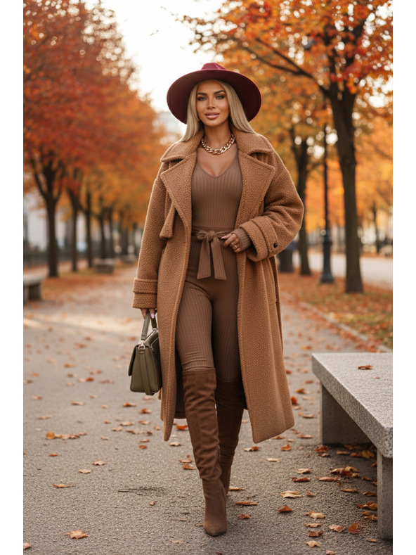 Kocula Udobna in elegantna rebrasta ženski kombinezoni z izrezom - mocha mousse