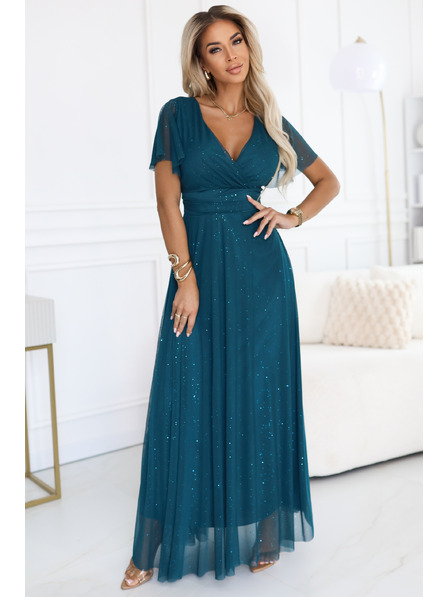numoco basic MELANIA Dolge, leske obleke z izrezom in kratkimi rokavi - stekleničasto zelene
