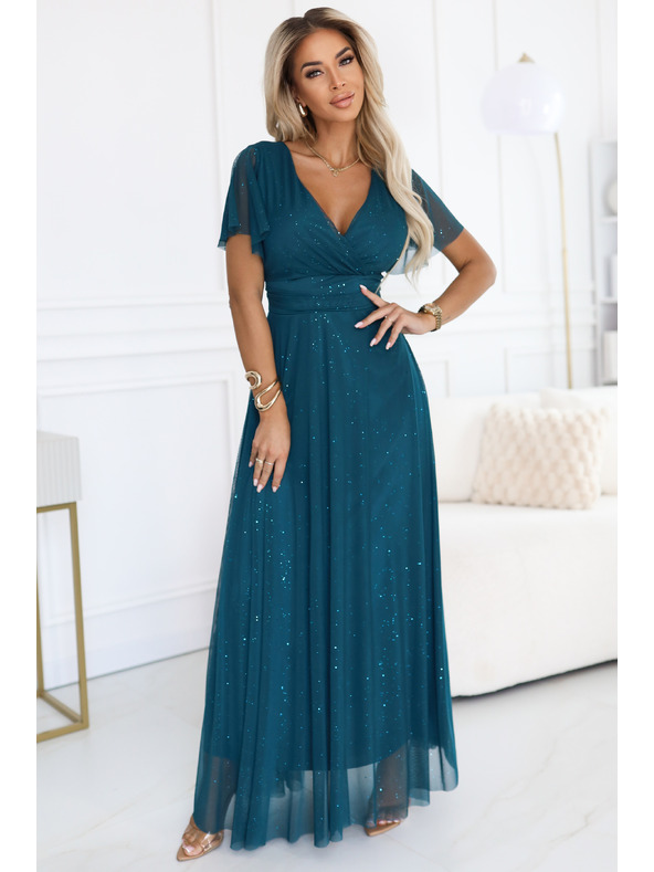numoco basic MELANIA Dolge, leske obleke z izrezom in kratkimi rokavi - stekleničasto zelene