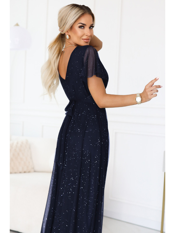 numoco basic MELANIA dolge, leske obleke z izrezom in kratkimi rokavi - temno modro