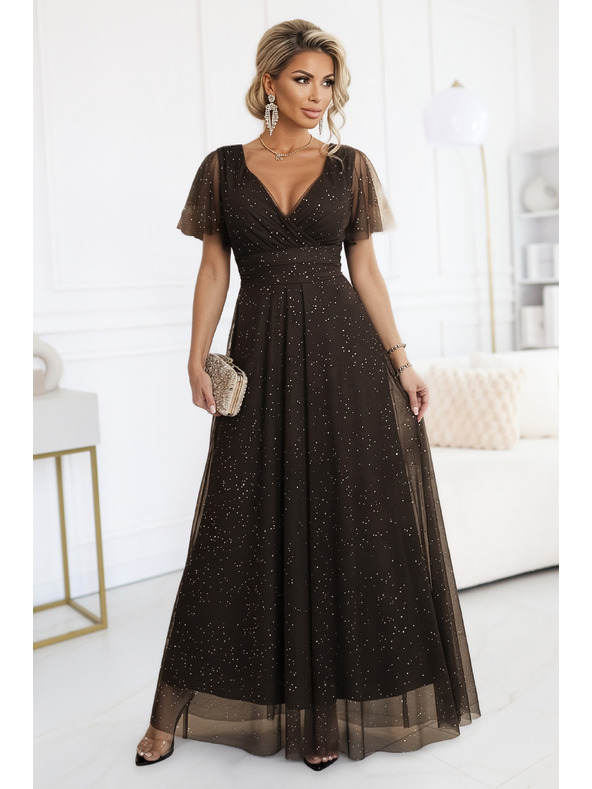 numoco basic MELANIA dolge, leske obleke z izrezom in kratkimi rokavi - čokoladne