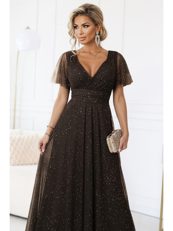 numoco basic MELANIA dolge, leske obleke z izrezom in kratkimi rokavi - čokoladne