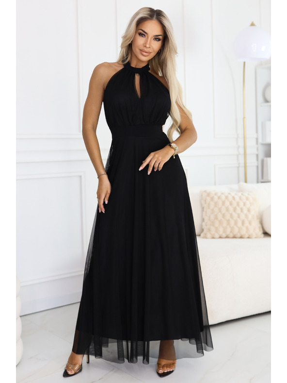 numoco basic Elegantna večerna maxi obleka halter s tulejem in vezanjem v pasu - črna