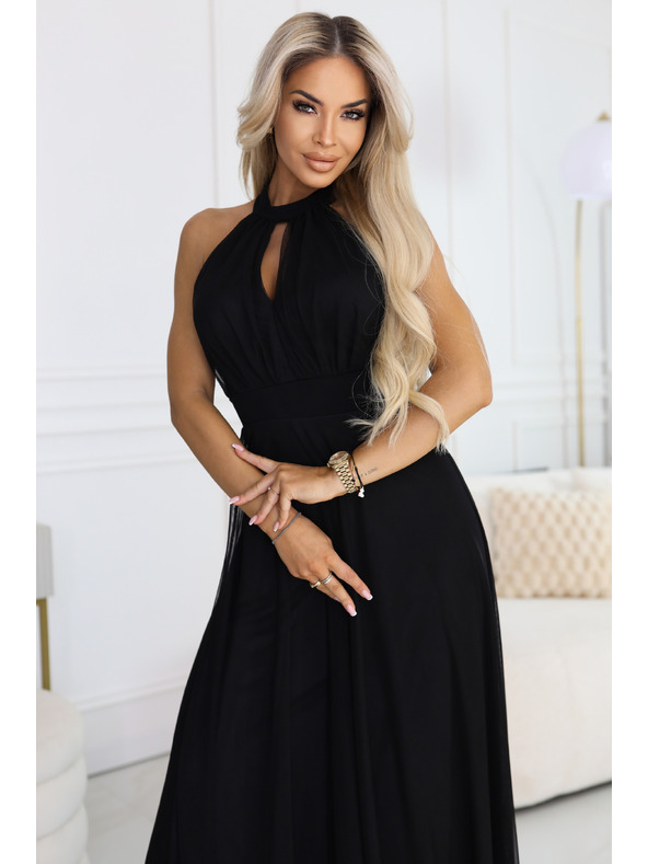 numoco basic Elegantna večerna maxi obleka halter s tulejem in vezanjem v pasu - črna