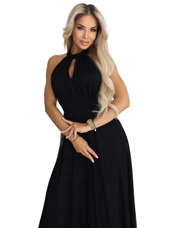 numoco basic Elegantna večerna maxi obleka halter s tulejem in vezanjem v pasu - črna