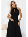 numoco basic Elegantna večerna maxi obleka halter s tulejem in vezanjem v pasu - črna