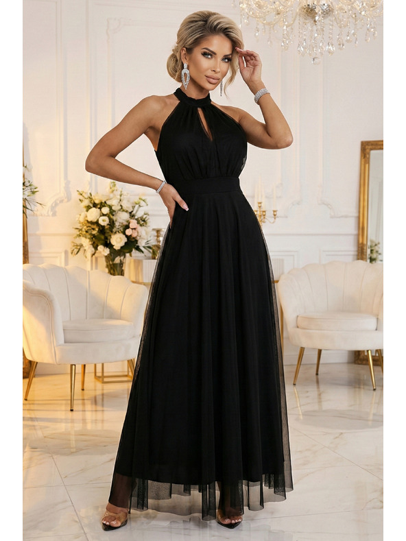 numoco basic Elegantna večerna maxi obleka halter s tulejem in vezanjem v pasu - črna