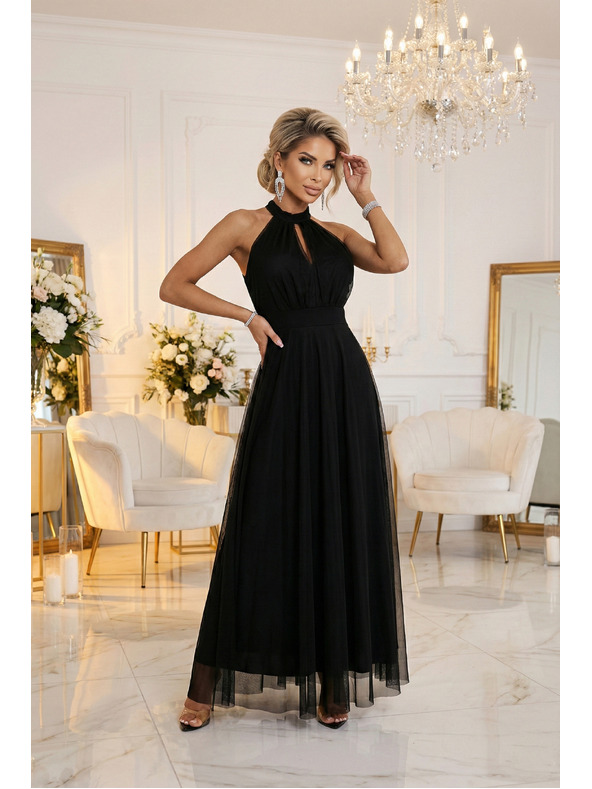 numoco basic Elegantna večerna maxi obleka halter s tulejem in vezanjem v pasu - črna