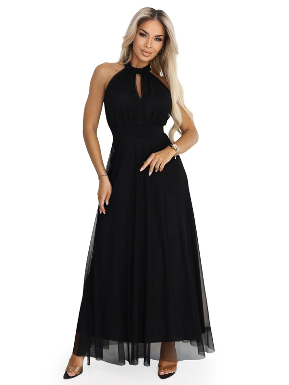 numoco basic Elegantna večerna maxi obleka halter s tulejem in vezanjem v pasu - črna