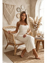 numoco basic Midi obleka na tankih naramnicah s rahlo bleščavo - smetana