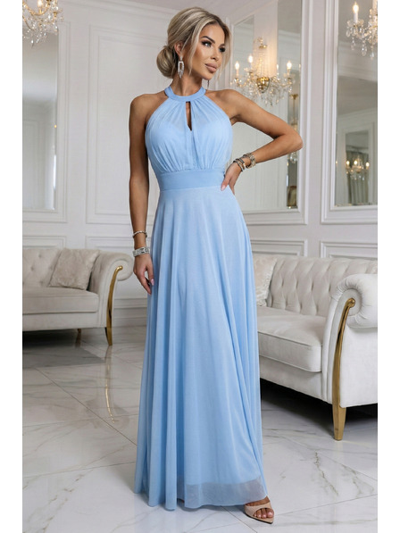 numoco basic Elegantna večerna maxi obleka halter s tulejem in vezanjem v pasu - svetlo modra