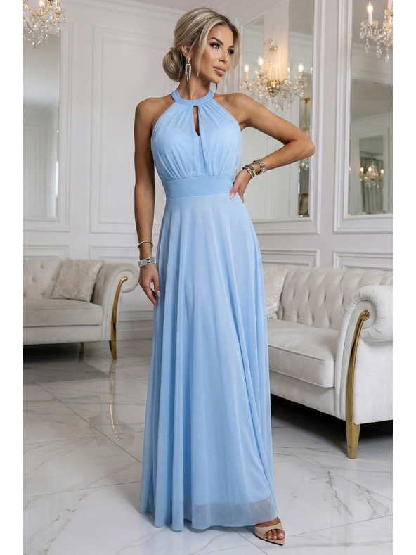 numoco basic Elegantna večerna maxi obleka halter s tulejem in vezanjem v pasu - svetlo modra