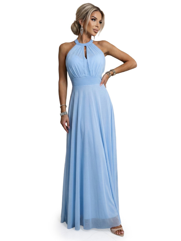 numoco basic Elegantna večerna maxi obleka halter s tulejem in vezanjem v pasu - svetlo modra