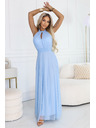 numoco basic Elegantna večerna maxi obleka halter s tulejem in vezanjem v pasu - svetlo modra