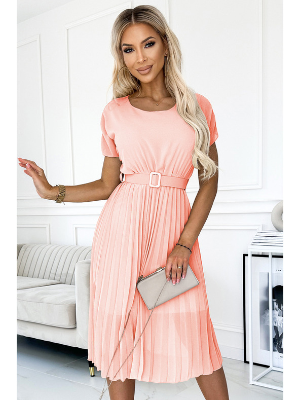 numoco basic MIA Nabrana midi obleka s širokim pasom - breskev