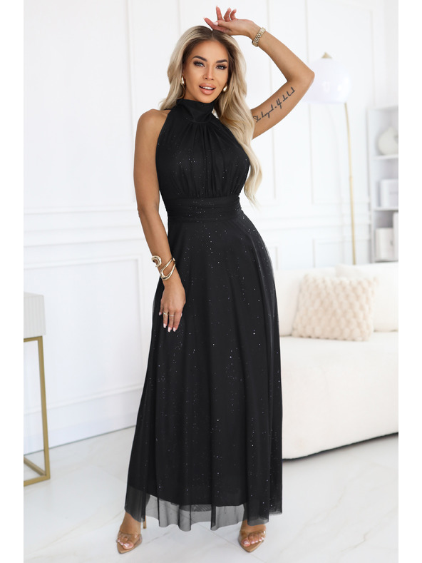 numoco basic VERONICA luksuzna dolga obleka z brokatnim akcentom in elegantnim rezom - črna