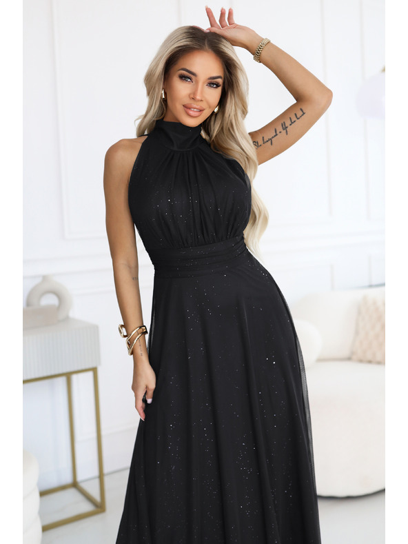 numoco basic VERONICA luksuzna dolga obleka z brokatnim akcentom in elegantnim rezom - črna