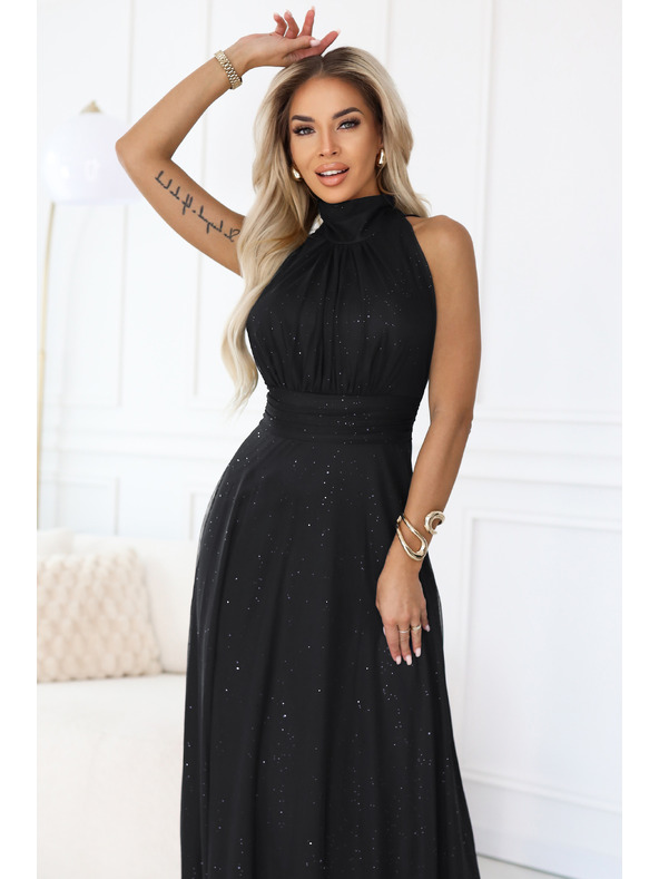 numoco basic VERONICA luksuzna dolga obleka z brokatnim akcentom in elegantnim rezom - črna