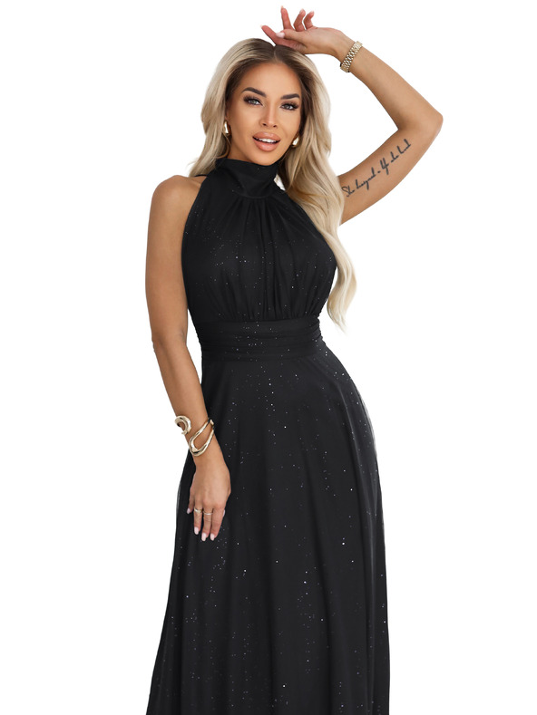 numoco basic VERONICA luksuzna dolga obleka z brokatnim akcentom in elegantnim rezom - črna
