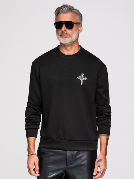 Ombre Clothing Moški pulover z aplikacijo križa in srebrnim kamnom z okroglim izrezom - črna V1 OM-SSNZ-0271 Ombre Clothing