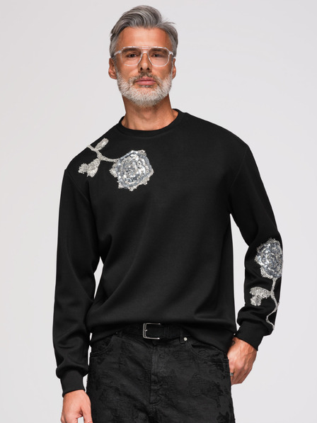 Ombre Clothing Moški pulover z aplikacijami rozet iz srebrnih bleščic in koral z okroglim izrezom - črna V1 OM-SSNZ-0272 Ombre Clothing