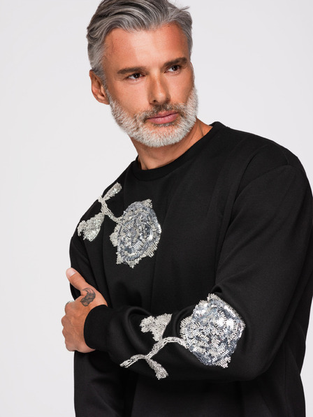Ombre Clothing Moški pulover z aplikacijami rozet iz srebrnih bleščic in koral z okroglim izrezom - črna V1 OM-SSNZ-0272 Ombre Clothing