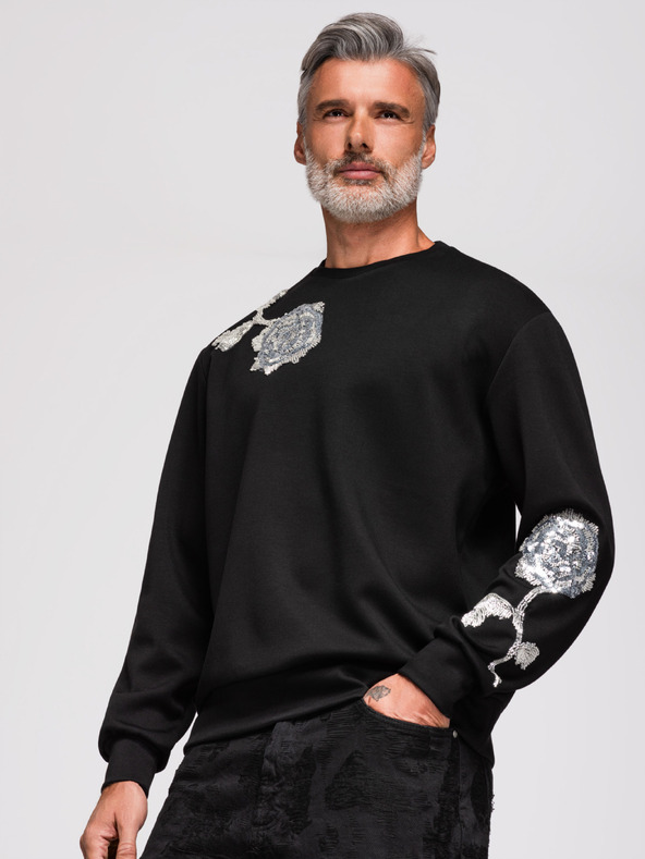 Ombre Clothing Moški pulover z aplikacijami rozet iz srebrnih bleščic in koral z okroglim izrezom - črna V1 OM-SSNZ-0272 Ombre Clothing