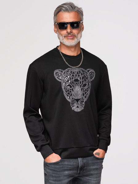 Ombre Clothing Moški pulover s srebrno in črno aplikacijo pantera na prsih z okroglim izrezom - črna V1 OM-SSNZ-0273 Ombre Clothing