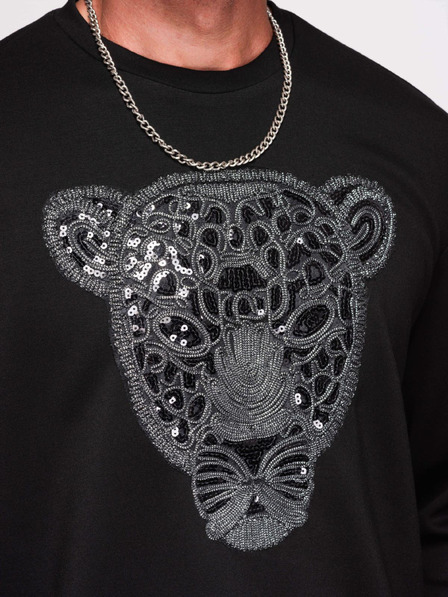 Ombre Clothing Moški pulover s srebrno in črno aplikacijo pantera na prsih z okroglim izrezom - črna V1 OM-SSNZ-0273 Ombre Clothing