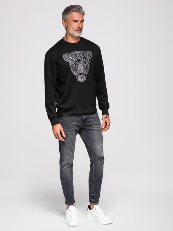 Ombre Clothing Moški pulover s srebrno in črno aplikacijo pantera na prsih z okroglim izrezom - črna V1 OM-SSNZ-0273 Ombre Clothing