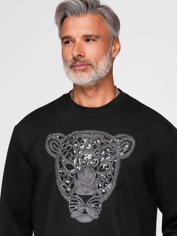Ombre Clothing Moški pulover s srebrno in črno aplikacijo pantera na prsih z okroglim izrezom - črna V1 OM-SSNZ-0273 Ombre Clothing