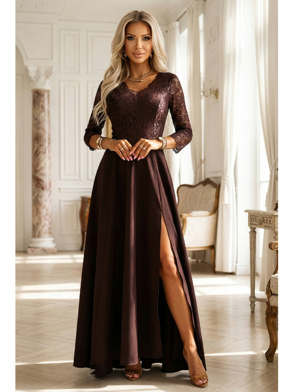 numoco AMBER elegantne dolge čipkaste šaty z izrezom - čokoladne