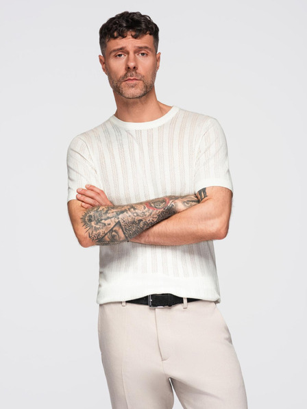 Ombre Clothing Moški pulover z okroglim izrezom in kratkimi rokavi - bel