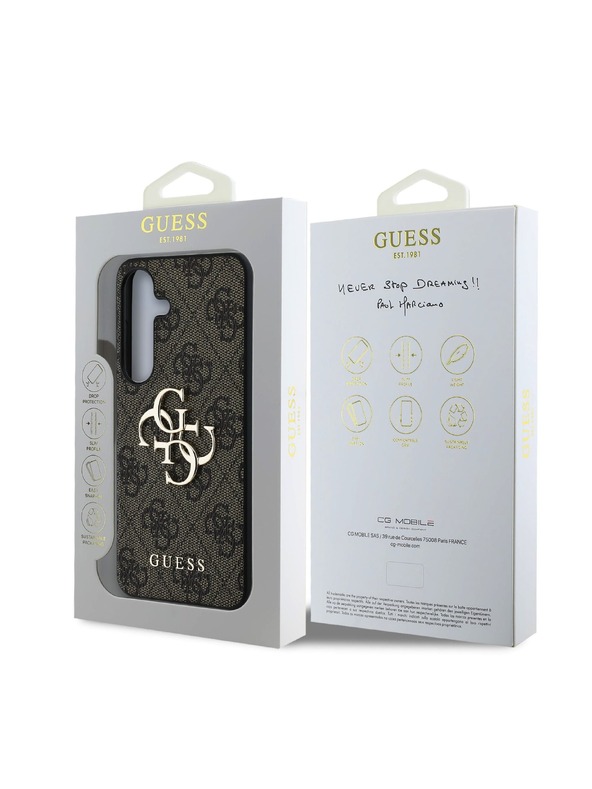 Guess Guess PU 4G kovinski logotip hrbtni ovitek za Samsung Galaxy S25+ rjave barve
