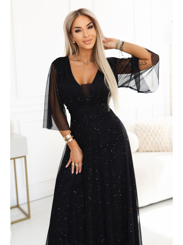 numoco Dolga žametna obleka plus size z izrezom in prozornim rokavom - črna